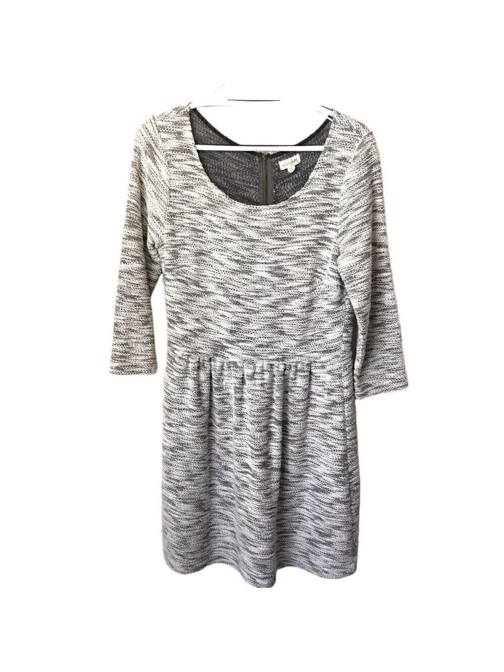 Maison Jules Knit Dress Long Sleeve Scoop Neck Gray/White Metallic Thread Size L